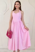 Pembe Boyundan Bağlamalı Keten Elbise thumbnail 3