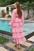 Pembe Volanlı Şeritli Kat Kat Elbise thumbnail 4