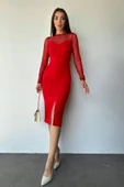 Kırmızı Tül Detaylı Midi Elbise thumbnail 2