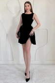 Siyah Mini Boy Büzgülü Keten Elbise thumbnail 2