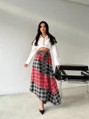 Kadın Kemerli Patchwork Ekose Maxi Etek thumbnail 2