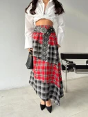 Kadın Kemerli Patchwork Ekose Maxi Etek thumbnail 4