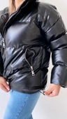 Şişme Geniş Yaka Deri Mont Siyah thumbnail 6