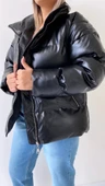 Şişme Geniş Yaka Deri Mont Siyah thumbnail 3