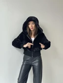 Ribanalı Kapüşonlu Peluş Mont Siyah thumbnail 7