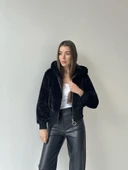 Ribanalı Kapüşonlu Peluş Mont Siyah thumbnail 6