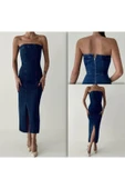 Straplez Yırtmaçlı Denim Elbise thumbnail 6