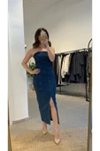 Straplez Yırtmaçlı Denim Elbise thumbnail 3