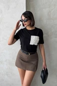 Kadın Cep Detaylı Dantel Aplikeli Basic T-Shirt thumbnail 10