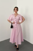 Pembe Düğmeli Midi Boy Poplin Elbise thumbnail 1