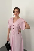 Pembe Düğmeli Midi Boy Poplin Elbise thumbnail 2
