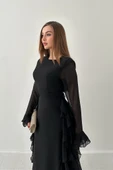Siyah Volanlı Şifon Elbise thumbnail 3