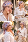 Bej Batik Çiçek Desen Tül Tokalı Bone thumbnail 2