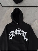 Kışlık Kapşonlu Baskılı Oversize SweatShirt- Siyah thumbnail 2