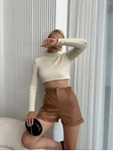 Beli lastikli deri şort kahve H24605 thumbnail 2
