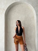 Kapaklı şort etek camel s208 thumbnail 3