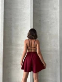 Volanlı keten şort bordo s255058 thumbnail 2