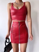 Üç fermuarlı deri etek bordo thumbnail 3
