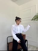 Kadın Oversize Dik Yaka Gömlek Beyaz thumbnail 7