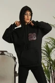 Unisex Kapşonlu Baskılı Sweetshirt - Siyah thumbnail 2