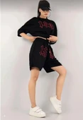 Unisex Nakış İşlemeli Şort Takım - Siyah thumbnail 3