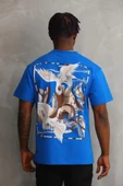 Unisex Baskılı Oversize T-Shirt - Mavi thumbnail 2