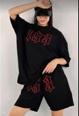 Unisex Nakış İşlemeli Şort Takım - Siyah thumbnail 1