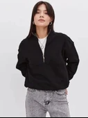 Oversize Yarım Farmuarlı Yakalı Basic SweatShirt - Siyah thumbnail 1