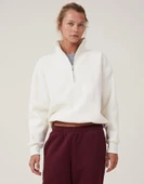 Oversize Yarım Farmuarlı Yakalı Basic SweatShirt - Beyaz thumbnail 1