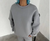 Kışlık Bisiklet Yaka Üç İplik Basic SweatShirt - Gri thumbnail 2
