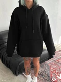 Kapşonlu Üç İplik Penye Basic SweatShirt - Siyah thumbnail 1