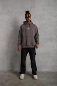 Erkek Maske Baskılı Kapüşonlu Sweat - Gri thumbnail 4