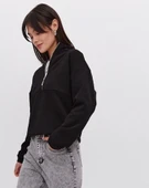 Oversize Yarım Farmuarlı Yakalı Basic SweatShirt - Siyah thumbnail 2