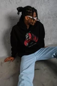 Erkek Eldiven Baskılı Kapüşonlu Sweat - Siyah thumbnail 3