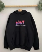 Baskılı Üç İplik Kapüşonlu Oversize Sweatshirt - Siyah thumbnail 3