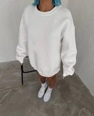 Kışlık Bisiklet Yaka Üç İplik Basic SweatShirt - Beyaz thumbnail 1