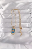316L Çelik Gold Renk Mavi Mineli Güneş Model Tarot Kolye thumbnail 2