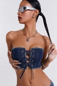 Koyu Mavi Crop Jean Büstiyer thumbnail 1