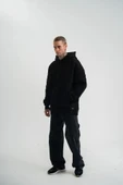 Double Oversize Kapşonlu Nakışlı SweatShirt - Siyah thumbnail 3