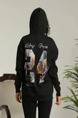 Baskılı Oversize Üç İplik Kapüşonlu Sweatshirt - Siyah thumbnail 1