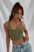 Fitilli Kalın Askılı Pamuklu Örme Crop Bej thumbnail 1