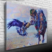 Şahin İle Avlanan Atlı Yağlıboya Kanvas Tablo 50 x 70 thumbnail 1