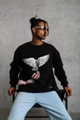 Erkek Güvercin Baskılı Sweatshirt - Siyah thumbnail 3