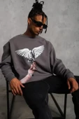 Erkek Güvercin Baskılı Sweatshirt - Gri thumbnail 4