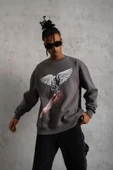 Erkek Güvercin Baskılı Sweatshirt - Gri thumbnail 3