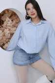 Kadın Mavi Oversize Uzun Basic Gömlek thumbnail 3