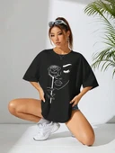 Kadın Baskılı Oversize T-shirt - Siyah thumbnail 2