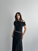 Kadın Omzu Açık Drapeli Midi Elbise thumbnail 2