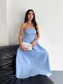 Straplez Pileli Elbise - Açık Mavi thumbnail 4