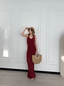 Örgülü Uzun Triko Elbise - Bordo thumbnail 1